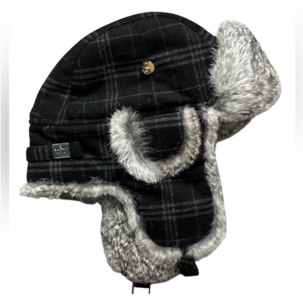Men's Plaid Trapper Hat with Faux Fur Ear Flaps - Black